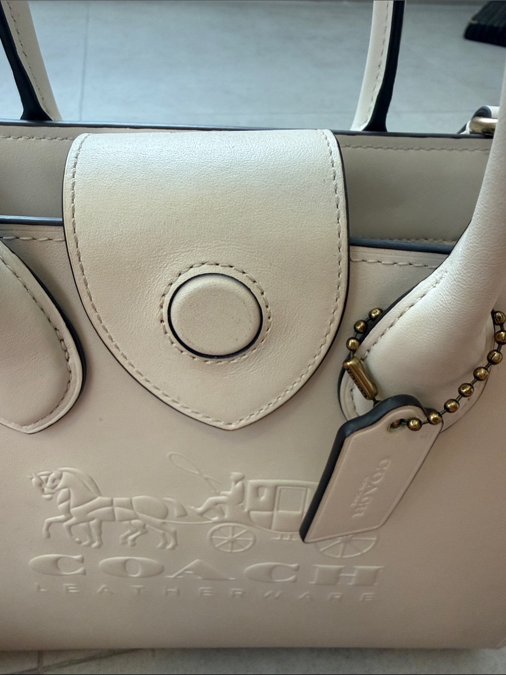 COACH Cream Leather Top-Handle Satchel with Logo and Signature Crossbody Strap - Picture 11 of 14